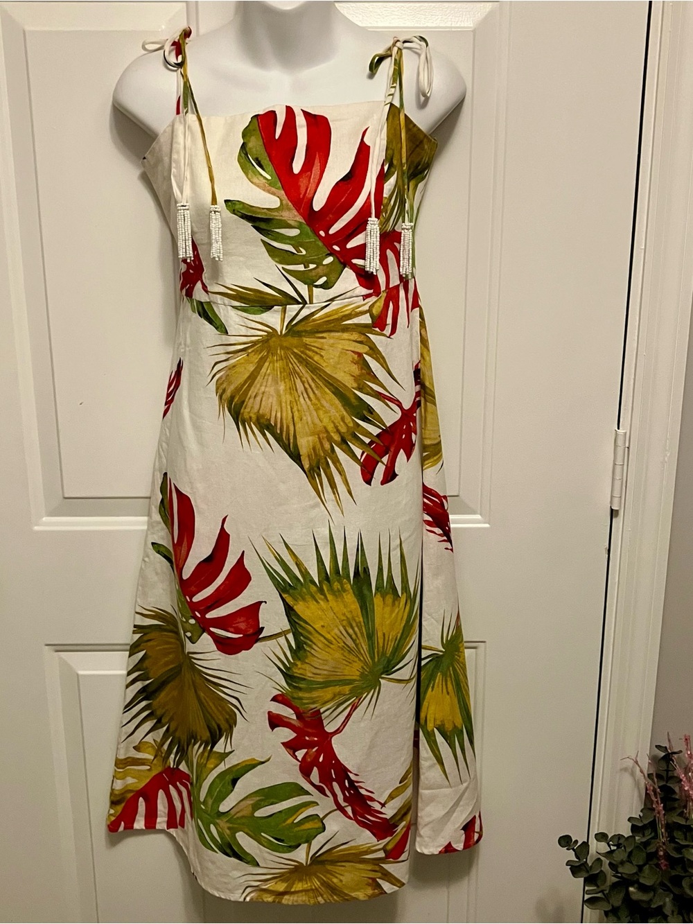 House of Harlow 1960 Sz Small Cream Red Leafy Floral Midi Summer Linen Dress